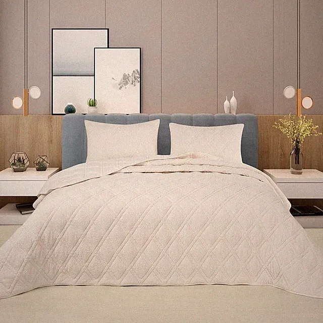 DOWN HOME 3 Pieces Cozy Chenille Quilt Set Coverlet QUEEN Diamond Stitch Ivory