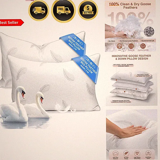 Feather Pillows Queen Size Set of 2 Support Soft Breathable Hotel Down