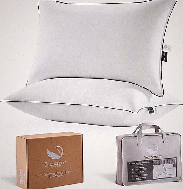 Goose Feather and Down Bed Pillows Standard Size Set of 2, Luxury 3-Chamber Pill