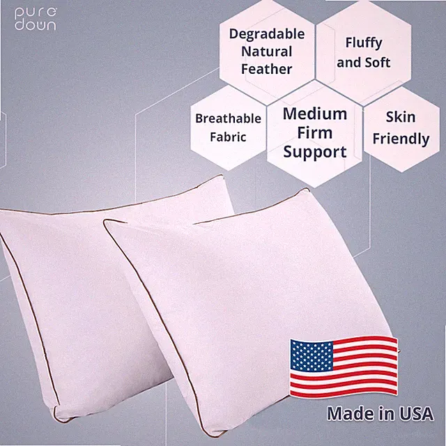 MADE IN USA Bed Pillows 15% Goose Down Feather Pillow Set of 2, Cotton Cover