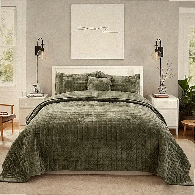 Oversized King Velvet Quilt Set 120x128 with 2 Pillow Shams - Army Green