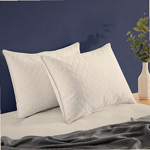 Set of 2 Quilted Pillows White Goose Feather + Poly Bed Pillows Wave King Queen